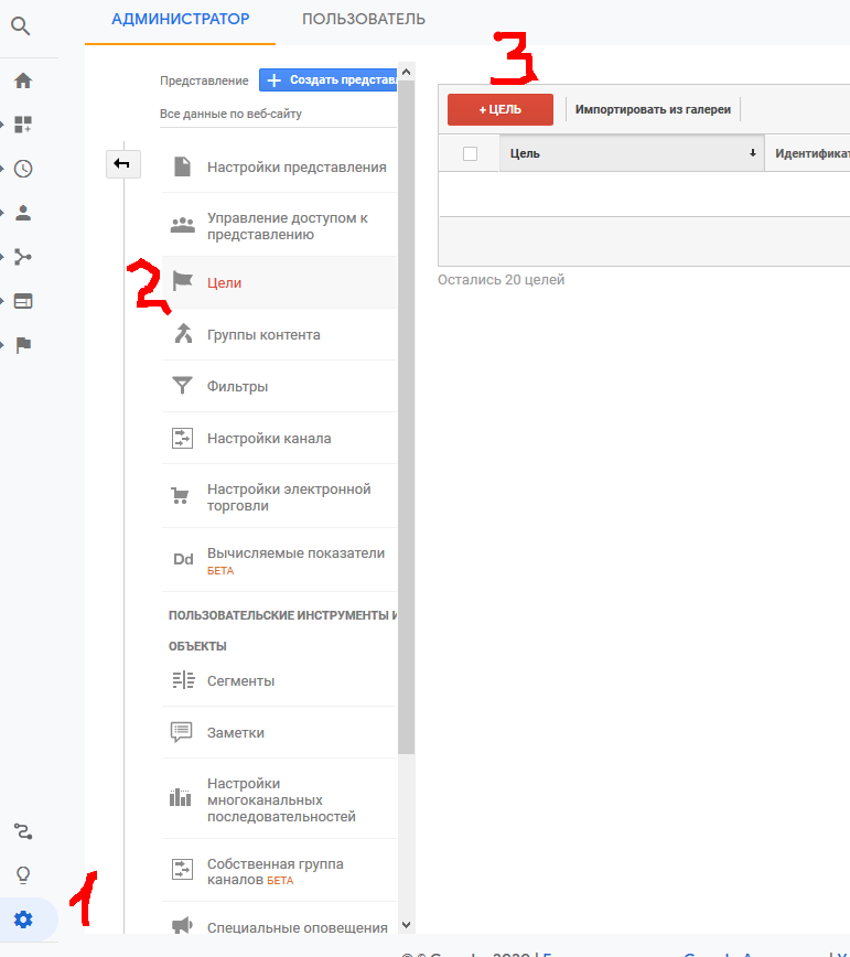 Добавление цели в Гугл аналитикс